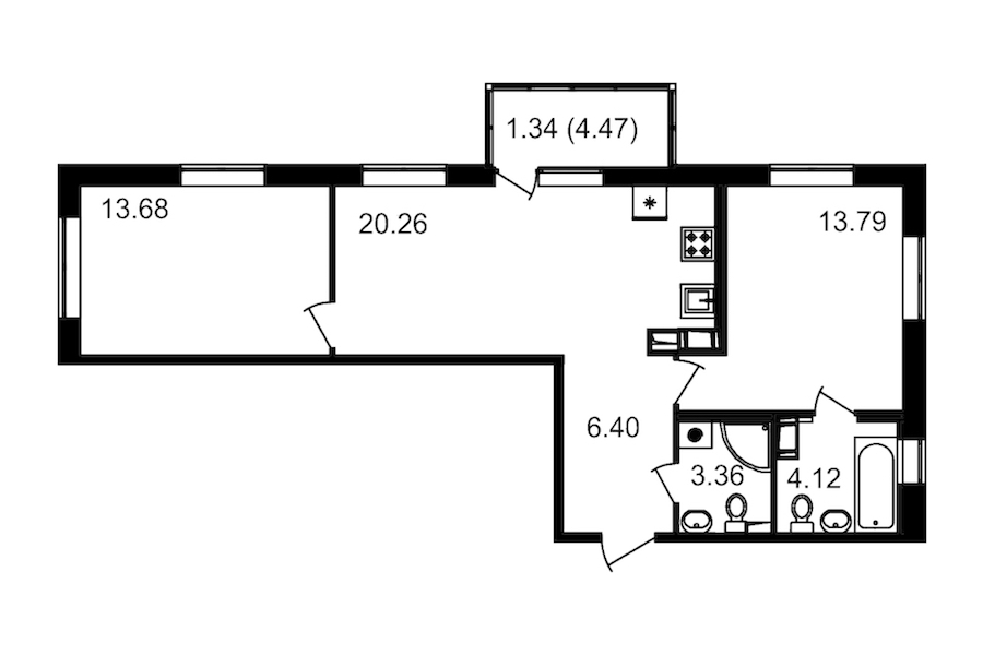 2-комнатная квартира 61.61 м², 13/13 эт., ЖК «Чёрная речка»